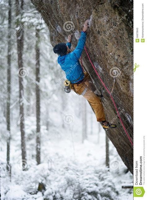 Extreme Sport Young Athletic Male Rock Climber Climbing