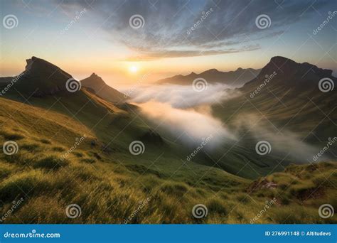 Majestic Mountain Range With Misty Clouds And Sunrise In The Horizon