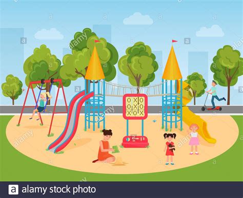 Kids Children Playing In The Playground Vector Illustration Stock