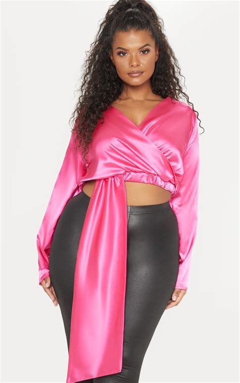 plus hot pink satin wrap crop blouse prettylittlething ie