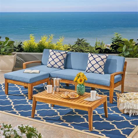 Wilcox Outdoor 5 Piece Acacia Wood Sectional Sofa Set With Cushions