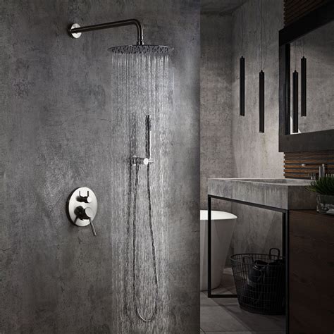 Modern Brushed Nickel Wall Mounted Rain Shower System With 8 Round