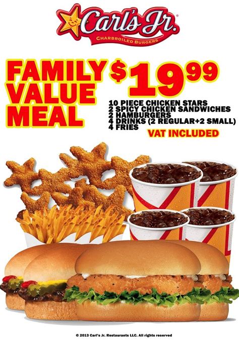 The meal deal includes three whoppers, three cheeseburgers, and three small fries for jus 13 bucks. Family Value Meal $19.99 | Carl's Jr. | Pinterest | Meals ...