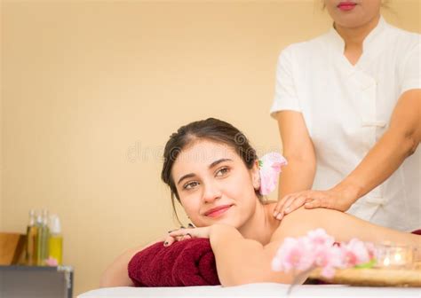 Beautiful Woman Receiving Back Massage in Asian Traditional Spa Stock ...