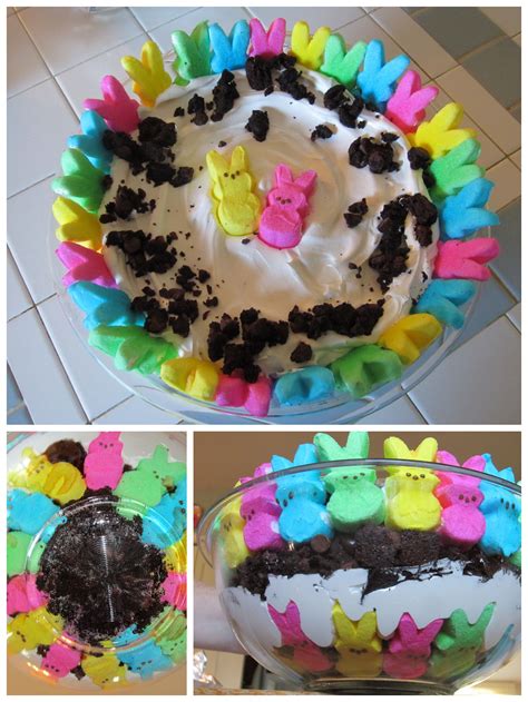 Sprinkle with green view image. Easter Trifle - brownies, chocolate pudding, cool whip layered with bunny peeps....tint pudding ...