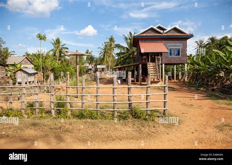 Cambodia Typical Rural House With Living Quarters Above The Ground