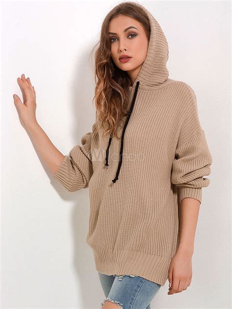 Women Hooded Sweater Long Sleeve Drawstring Knit Pullover Sweater
