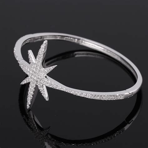 Large Shining Star Silver Color Bangle Bracelet For Women Micro Pave