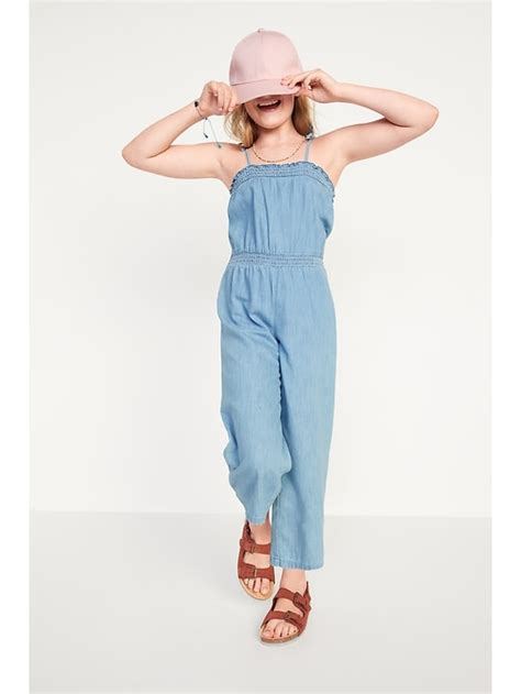 old navy chambray smocked shoulder tie jumpsuit for girls