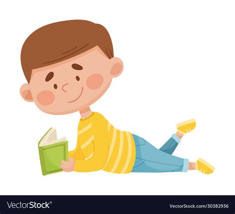 Boy Lying On Floor With Open Book And Reading Vector Image