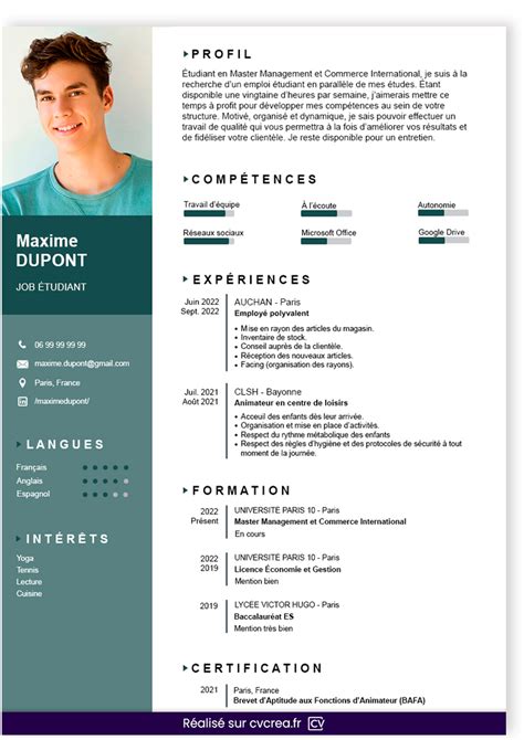 Exemple de CV pour un job étudiant rubriques et mise en forme L