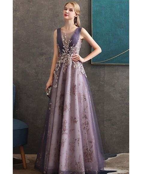 Luxury Purple Aline Formal Long Party Dress With Sparkly Embroidery
