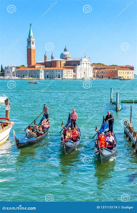 Gondolas Sail Against The San Giorgio Island In Venice Italy Editorial