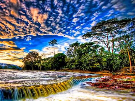 Marvelous River Falls At Sunset Hdr Art Print On Canvas