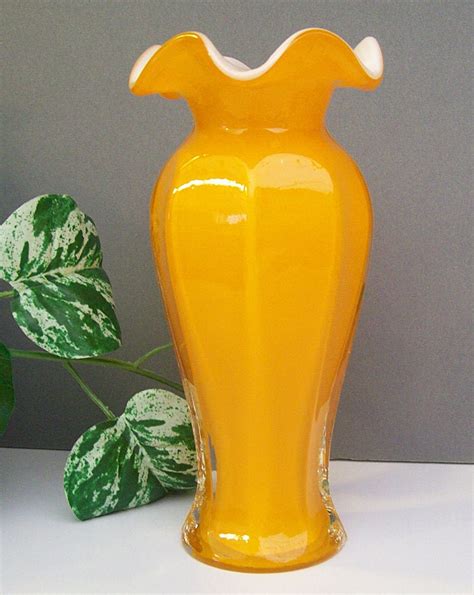 Vintage Cased Glass Vase In White Orange And Clear Ruffled