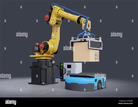 Robot Arm Concept Picks Up The Box To Automated Guided Vehicle Agv3d
