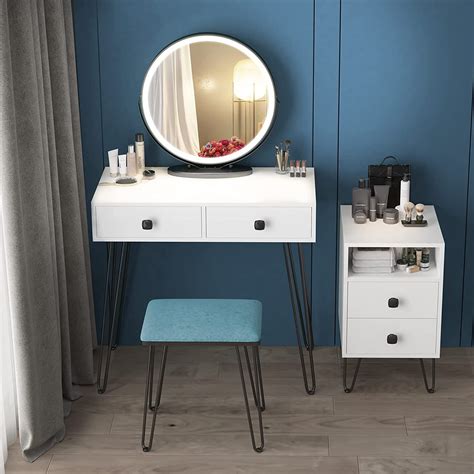 Lvsomt Vanity Table Set With Round Lighted Mirror Bedroom Dressing