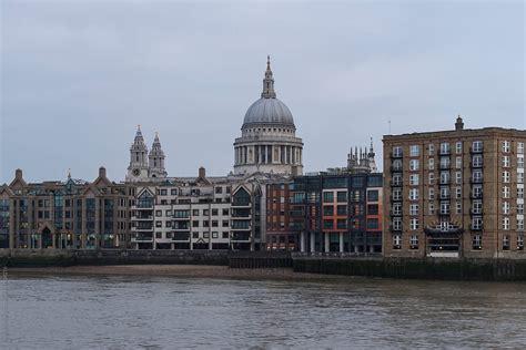 London United Kingdom Thames Waterfront And St Pauls Cathedral By