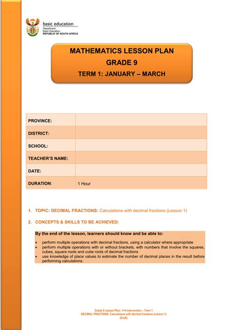 Grade 9 Lesson Plan Lesson Plan Teachers
