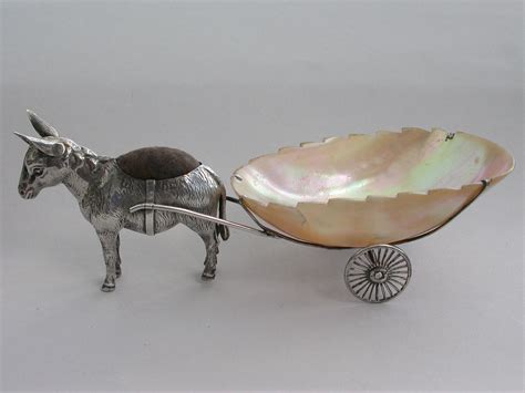 Edwardian Novelty Silver Donkey Pulling A Cart Pin Cushion By Adie