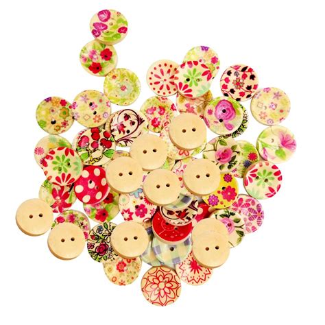 Rare 100 Pieces Round Mixed Pattern Wooden Buttons Sewing Scrapbooking