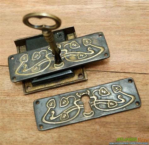 Set Vintage Solid Brass Key Lock And Skeleton Key With Old Flowers Key