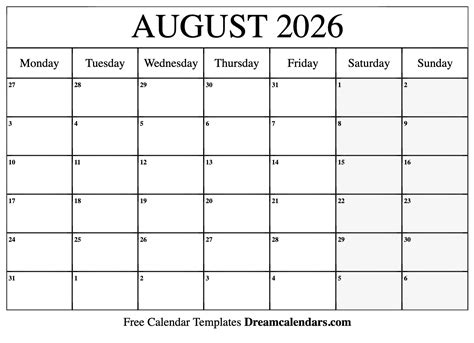 Download Printable August 2026 Calendars