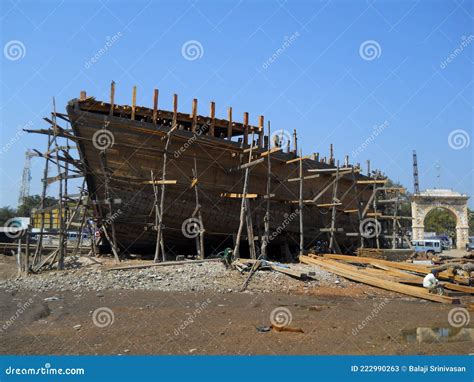 A Wooden Dhow Ship Under Construction At The Ship Building Yard In The