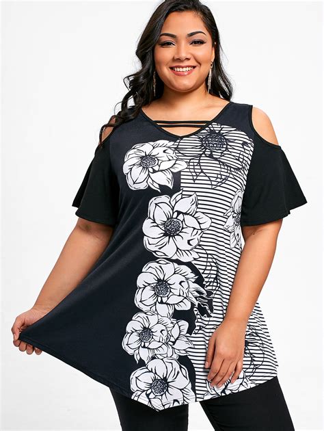 Gamiss Women Plus Size Floral Striped Printed Tunic Tops Big Size Sexy