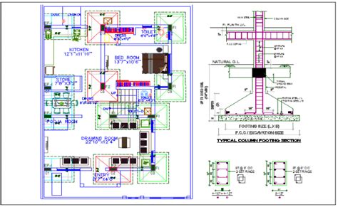 Residential House Plan And Structural Member Section View Dwg File