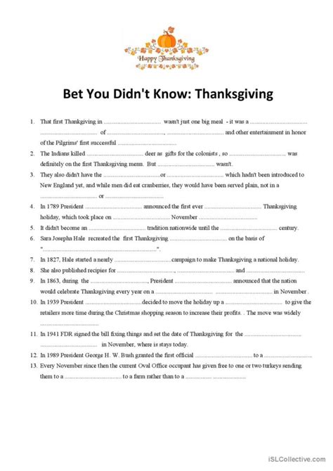 Bet You Didn T Know Thanksgiving V English ESL Worksheets Pdf Doc