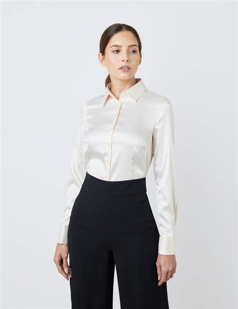 100 Polyester Womens Fitted Satin Shirt With Double Cuff In Cream