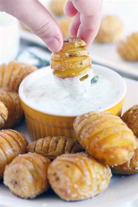 25 easy finger food ideas for your next big party. Mini Hasselback Potatoes with Creamy Dill Dip