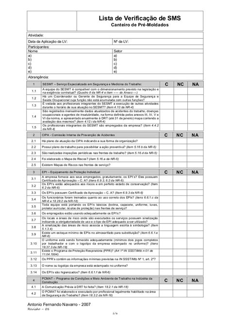 Lista De Verificação Quinzenal De Segurança Meio Ambiente E Saúde