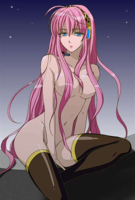 Megurine Luka Vocaloid 1girl Ahoge Arm At Side Arm Support Blue Eyes Breasts Brown