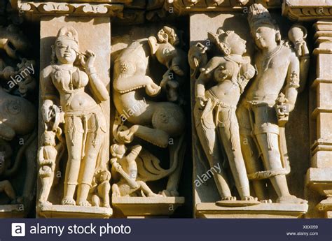 Stein Schnitzereien Mit Szenen Aus Dem Kamasutra Khajuraho Tempel