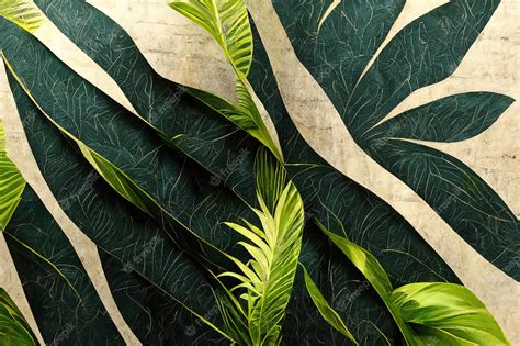 Premium Photo Gold And Green Tropical Leaves Pattern On Rough Beige