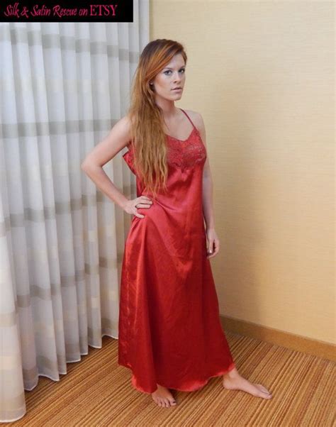 Long Red Satin And Lace Nightgown Negligee Dessous M Etsy Night Gown Lace Nightgown Night