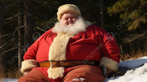 Santa Clause Sitting On Snow Covered Ground In His Red And Brown Outfit