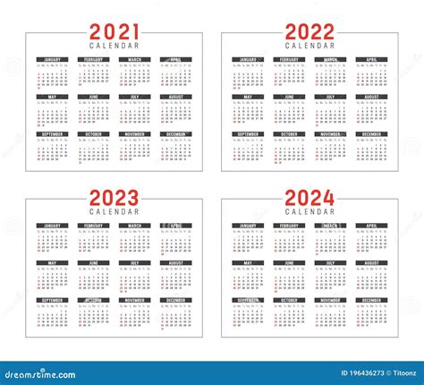 Calendar 2021 2022 2023 2024 2025 2026 2020 Years Vector Illustration