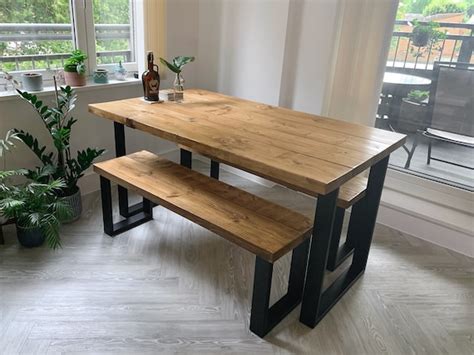 Rustic Dining Table And Bench Set Square Steel Legs Industrial Etsy Uk