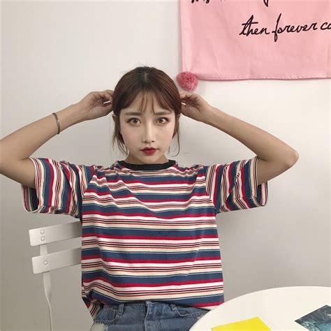 T Shirt Femme 2018 Summer Womens Clothing Korean Style Ulzzang Harajuku Striped Short Sleeve