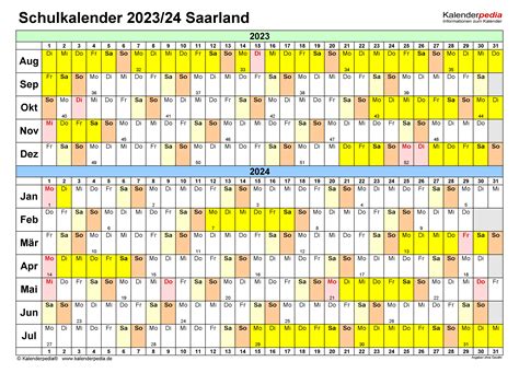 Schulkalender 20232024 Saarland Für Excel