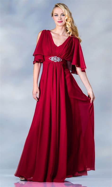 Red Long Chiffon Mid Length Sleeves Mother Of The Bride Dress