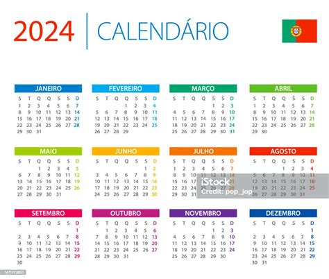 Calendar 2024 Portugal Color Vector Illustration Portuguese Language