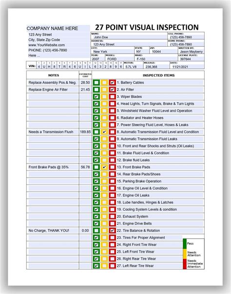 27 Point Visual Vehicle Inspection Form Fillable Pdf Multi Point