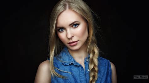 Victoria Pichkurova Portrait Blue Eyes Women Blonde Face 1080p Simple Background Black
