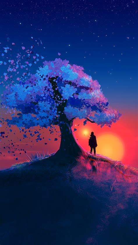 Sunset Trees Scenery Illustration Digital Art Landscape 4k Phone
