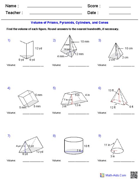 Geometry Worksheets Surface Area And Volume Worksheets Volume