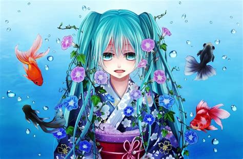 Vocaloid Underwater World Fish Hatsune Miku Kimono Hd Wallpaper